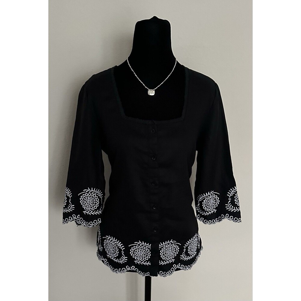 Ecologie Black 100% Linen Blouse, Size M, with White Embroidery and 3/4 Sleeve - Picture 2 of 13